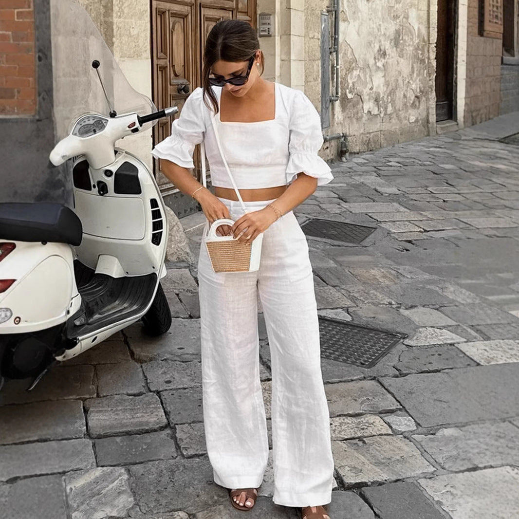 Dame elegant linned crop-top og bred palazzo-bukser sæt Stilla