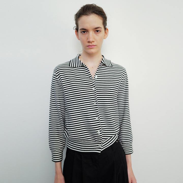Dame elegant stribet knap-cardigan med klassisk krave Stilla