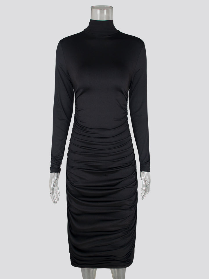Dame Elegant Bodycon Kjole med høj ståkrave og rynker Stilla