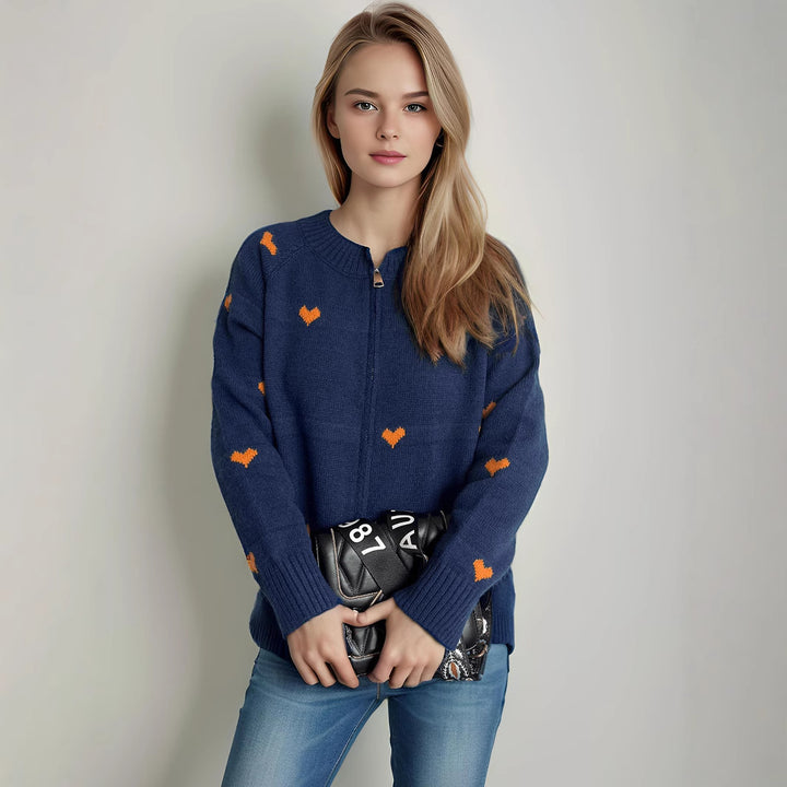 Dame modernekstrik cardigan med hjerte mønster og lynlås Stilla