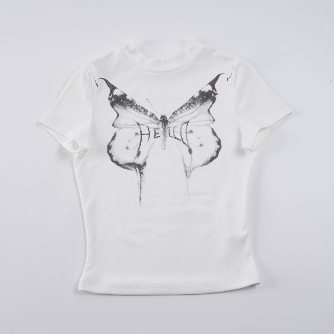 Dame kortærmet T-shirt med elegant sommerfugledesign og høj krave Skovae