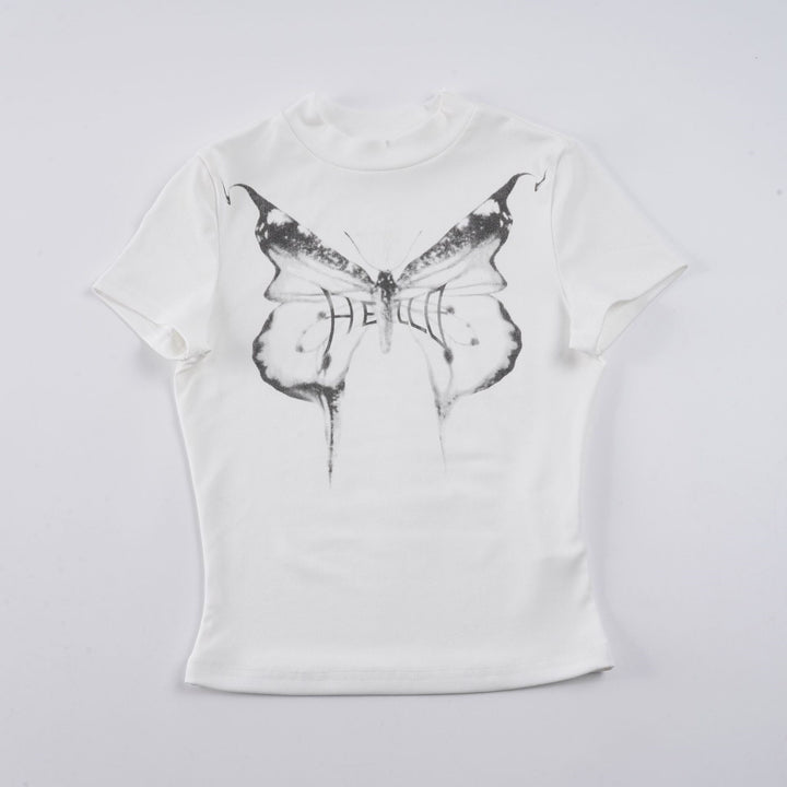 Dame kortærmet T-shirt med elegant sommerfugledesign og høj krave Skovae