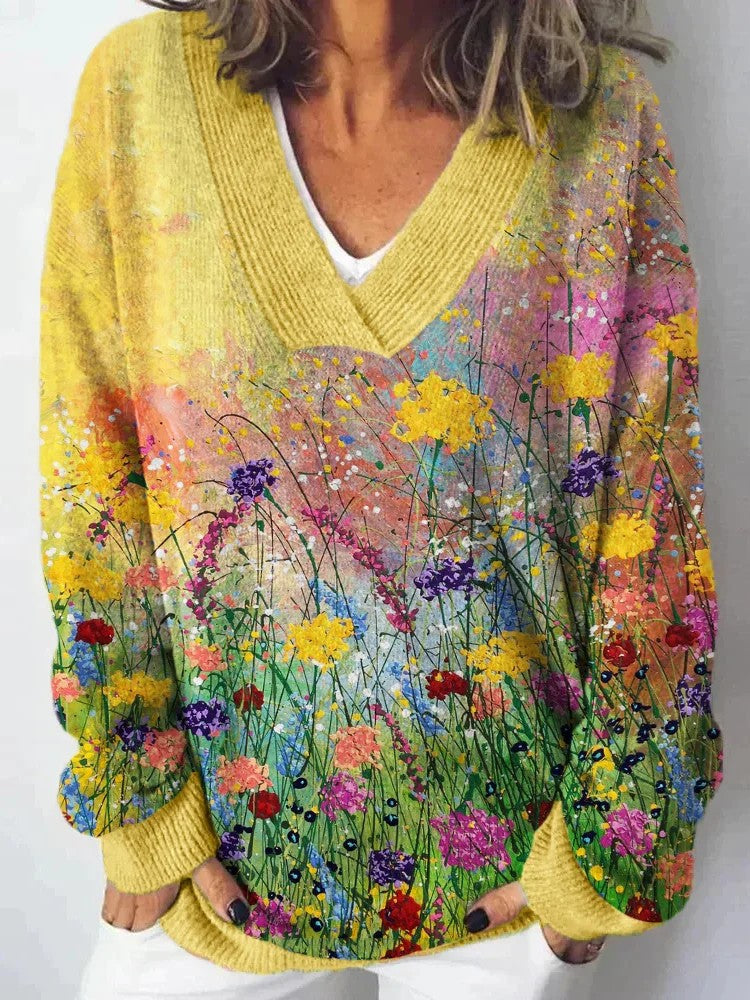 Kvinders V-hals sweater med blomsterdesign og afslappet pasform Stilla
