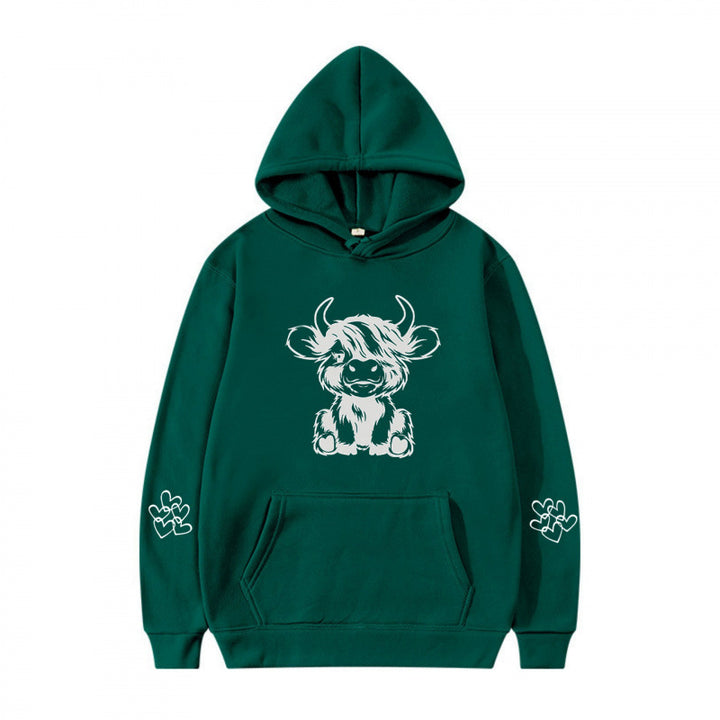 Kvindernes hætte sweatshirt med charmerende kvægmotiv og praktiske kængurulommer Skovae