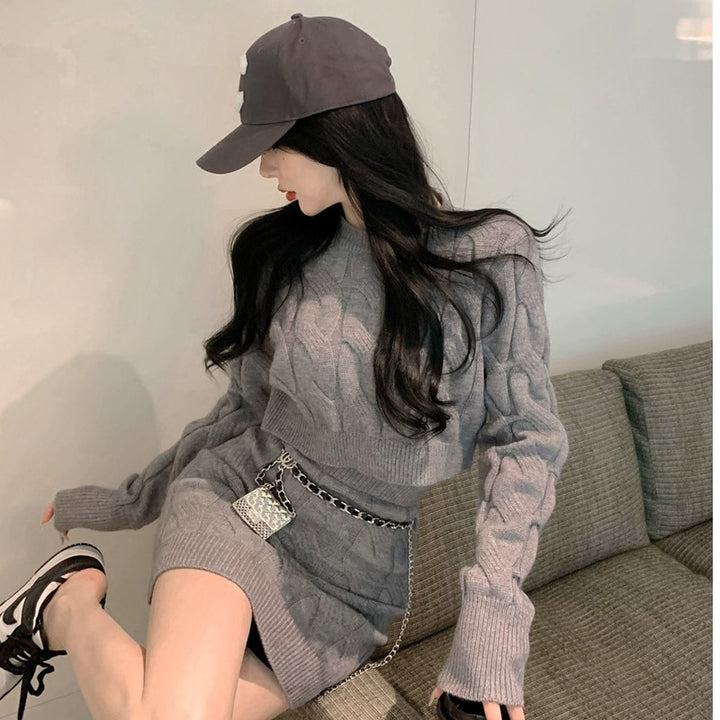 Femme Textured Knit Crop Sweater og Mini Skirt Sæt Stilla