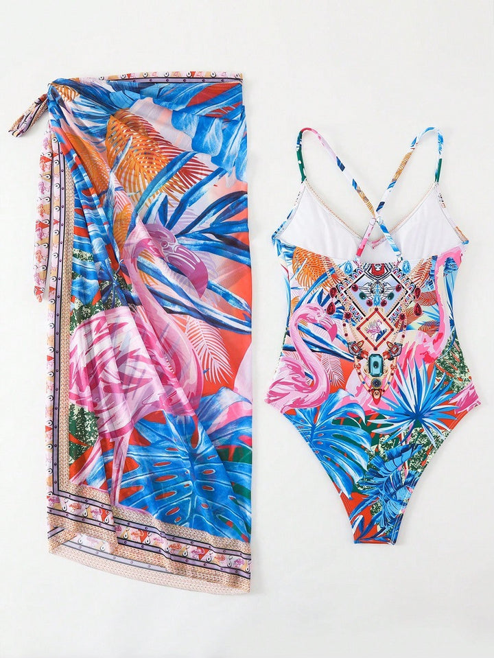 Dame én-delt badedragt med fashionable omslagsskørt og legesyge blomster mønstre Stilla