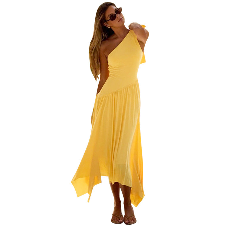 Dame asymmetrisk One-Shoulder Maxikjole med sløjfedetail Stilla