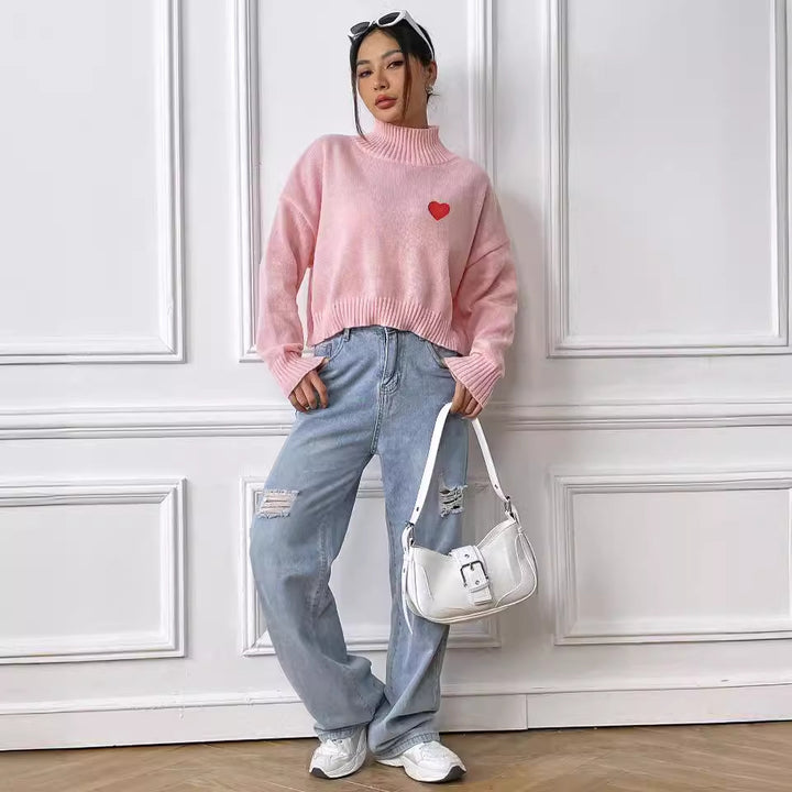 Dame hyggelig turtleneck sweater med hjerteapplikation Stilla