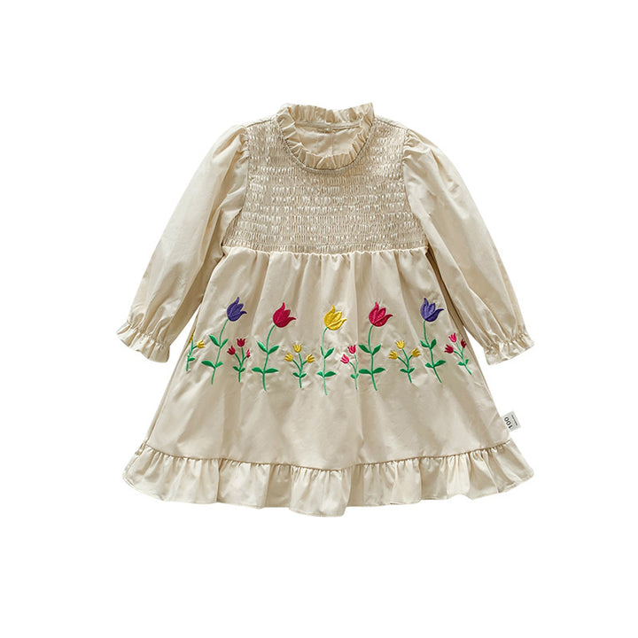 Pige Floral Broderet Langærmet Kjole Stilla