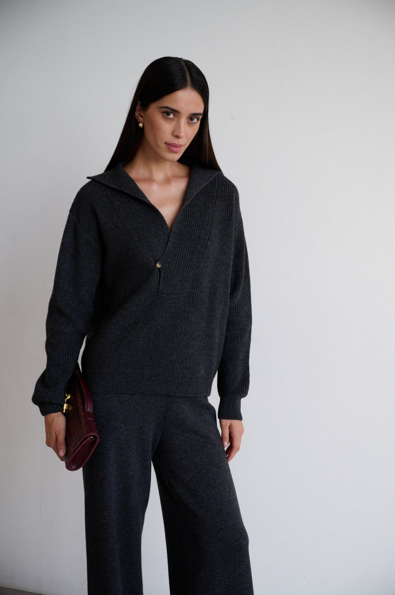 Dame trendy strik sweater med moderne krave og dekorativ lynlås Stilla