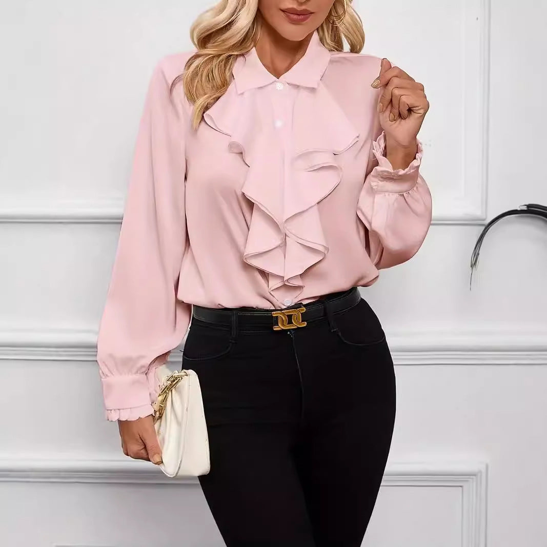 Dame elegant flæsebluse med lange ærmer og feminin silhuet Stilla