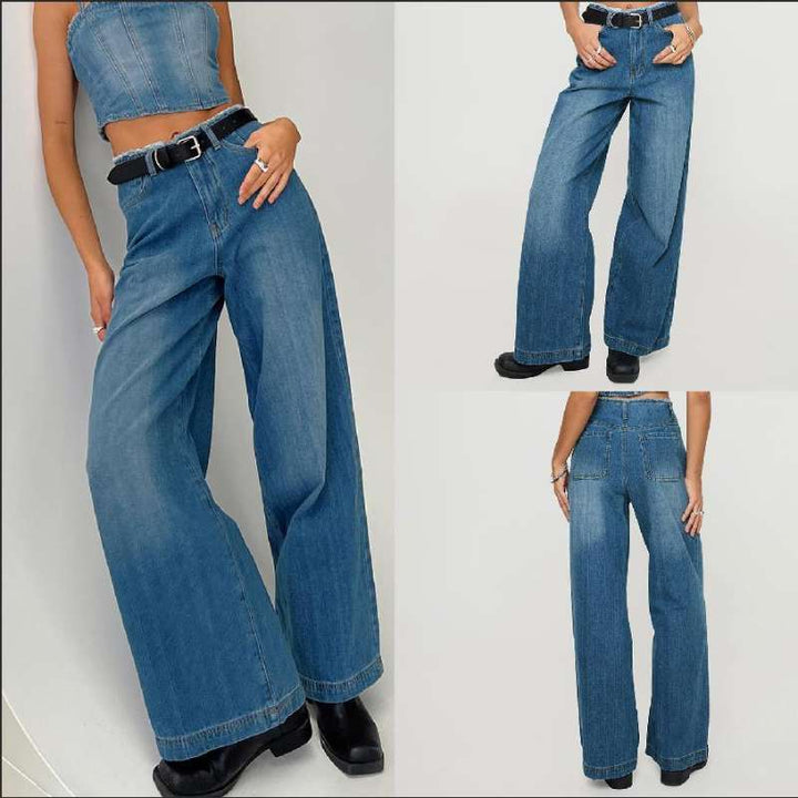 Dame brede Denim-jeans med høj talje og frynset kant Skovae