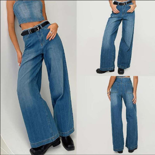 Dame brede Denim-jeans med høj talje og frynset kant Skovae