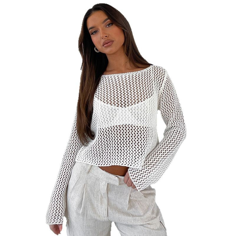 Dame net hækle sweater med trendy cropped snit og lange ærmer Stilla