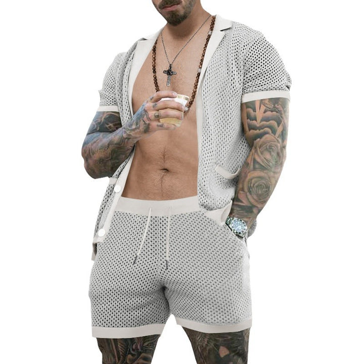 Herrer nan åben netstrik-cardigan med matchende snortræk-shorts Skovae