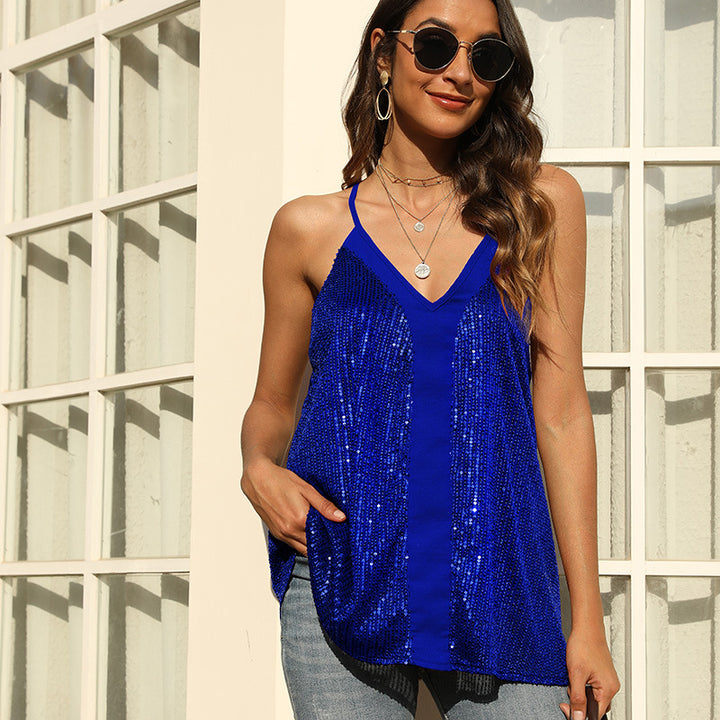 Dame glitrende pailletbluse med V-hals Stilla
