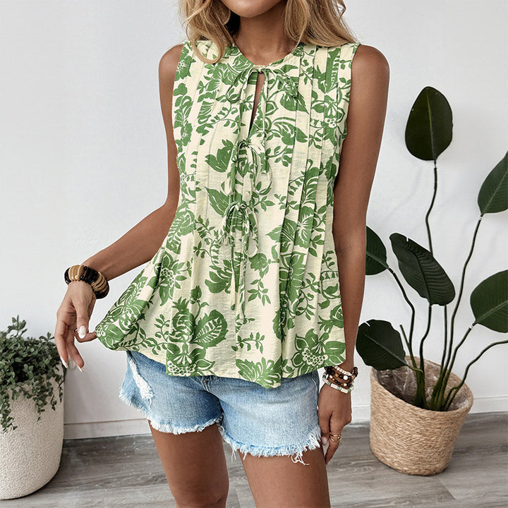 Dame Floral Plissé Nøgle-Hul Tanktop Stilla