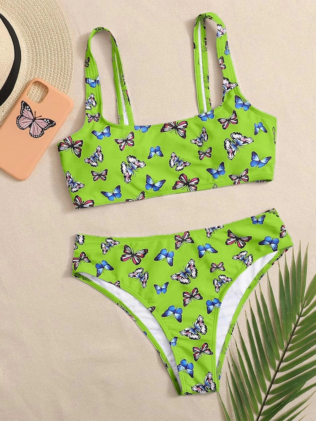 Dame Crop-Bikini-sæt med farverig sommerfugleprint Skovae