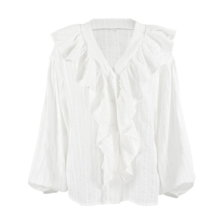 Damebluse med voluminøse flæser og elegant V-udskæring Stilla
