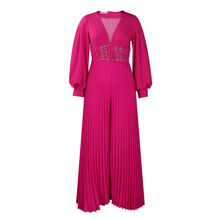Dame Elegant Plisseret Jumpsuit med dyb V-udskæring og glitrende taljedetalje Stilla
