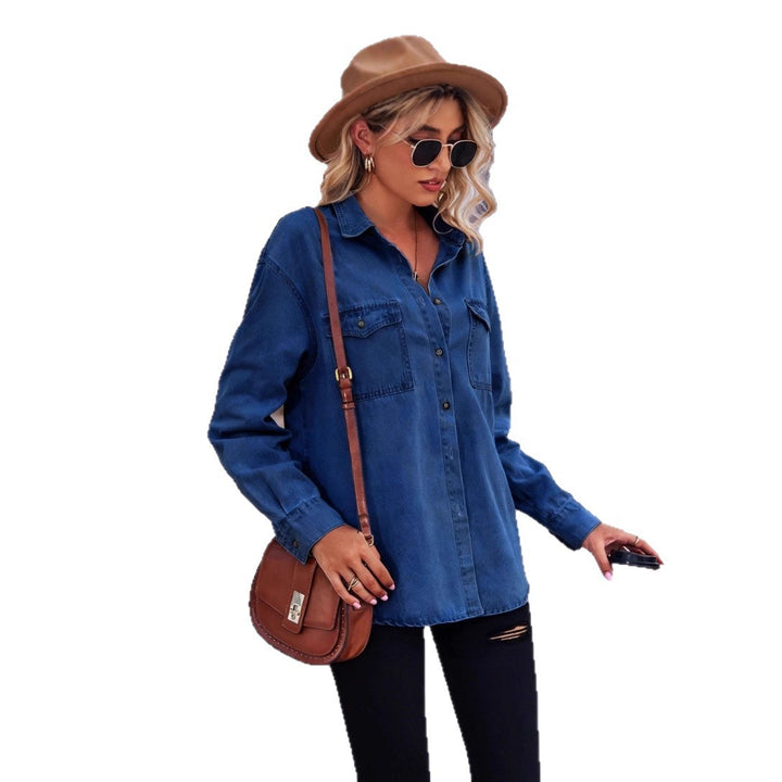 Dame Casual Denim Skjorte Bluse med Praktiske Brystlommer Stilla