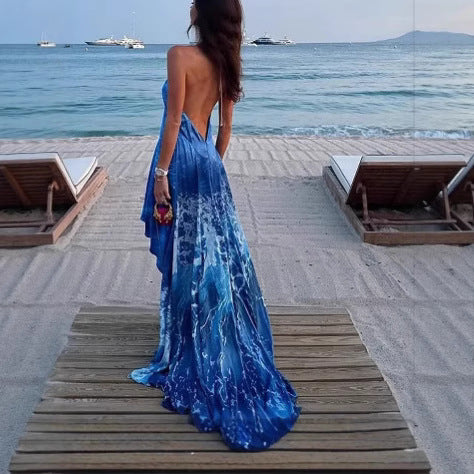Femme Rygfri Maxi Kjole med Vand-inspireret Tryk Stilla