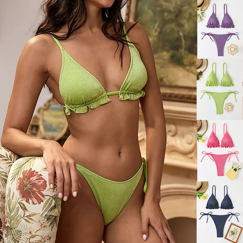 Dame Triangel-Bikini-Sæt med Flæsedetaljer og Glitrende Materiale Stilla