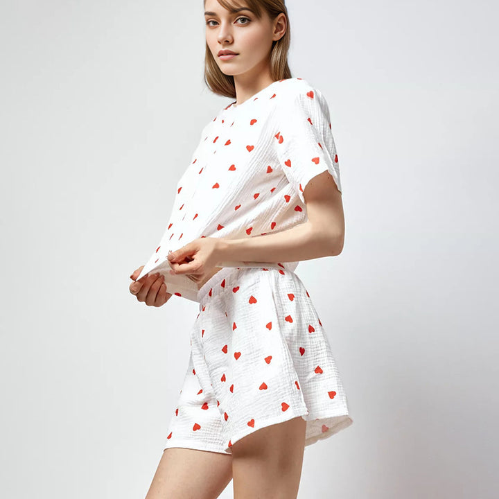 Dame fritids-loungewear-sæt med hjerteformet mønster og elastisk talje Stilla