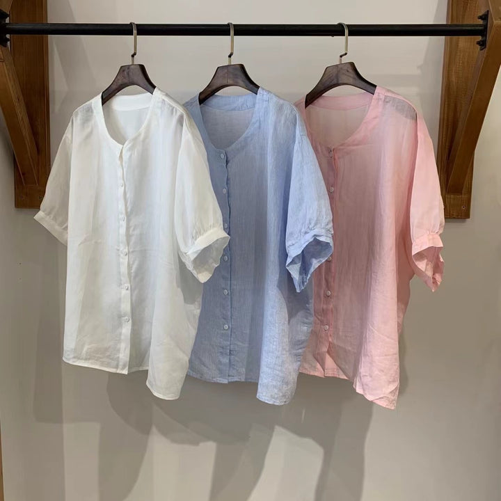 Femme Relaxed Fit Blødt Linned Kortærmet Skjorte Stilla