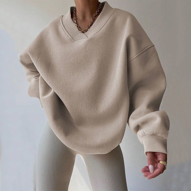 Kvinder Oversized Sweatshirt med V-hals og brede ærmekanter Skovae