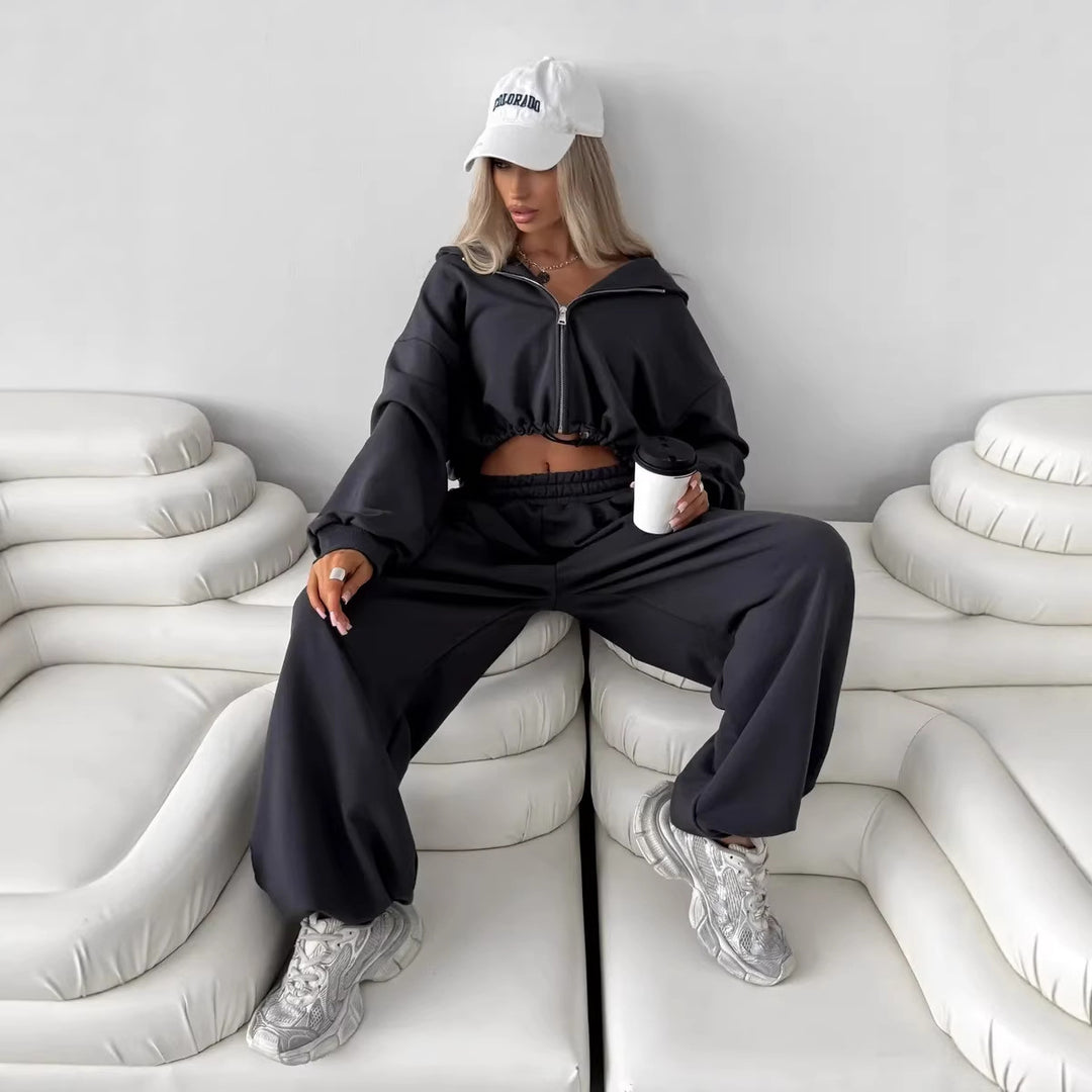Kvinder cropped hoodie og brede joggerbukser sæt Skovae