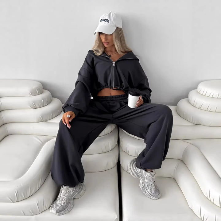 Kvinder cropped hoodie og brede joggerbukser sæt Skovae