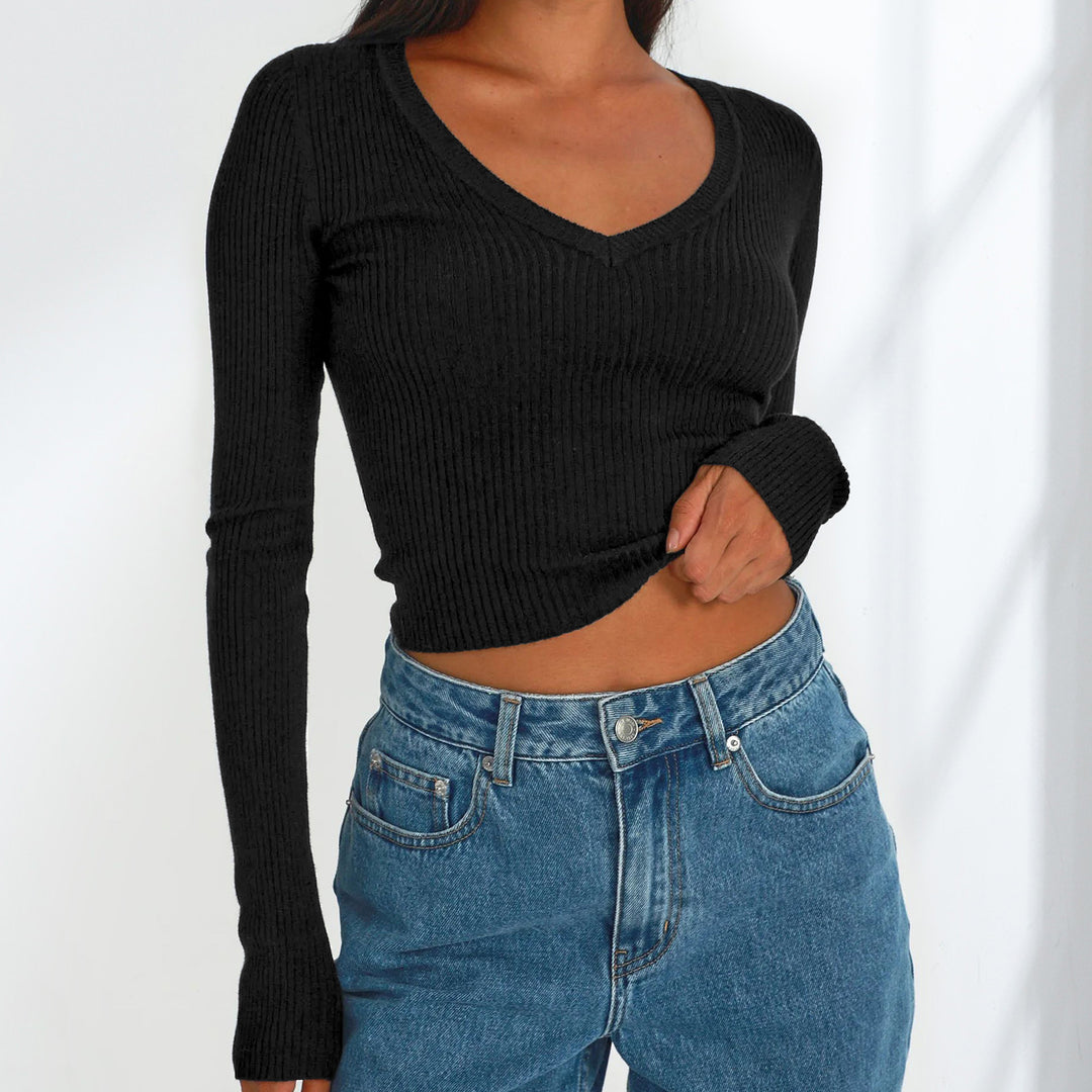 Dame figurtilpasset rib-crop-top med V-udskæring og lange ærmer Stilla