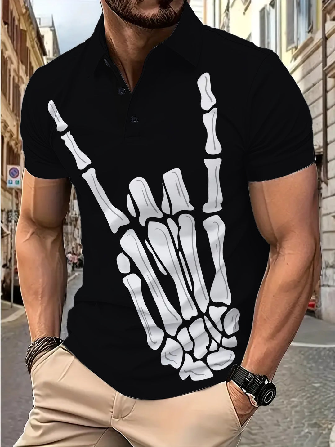 Herrer Polo-Shirt med kreativt skeletdesign Stilla