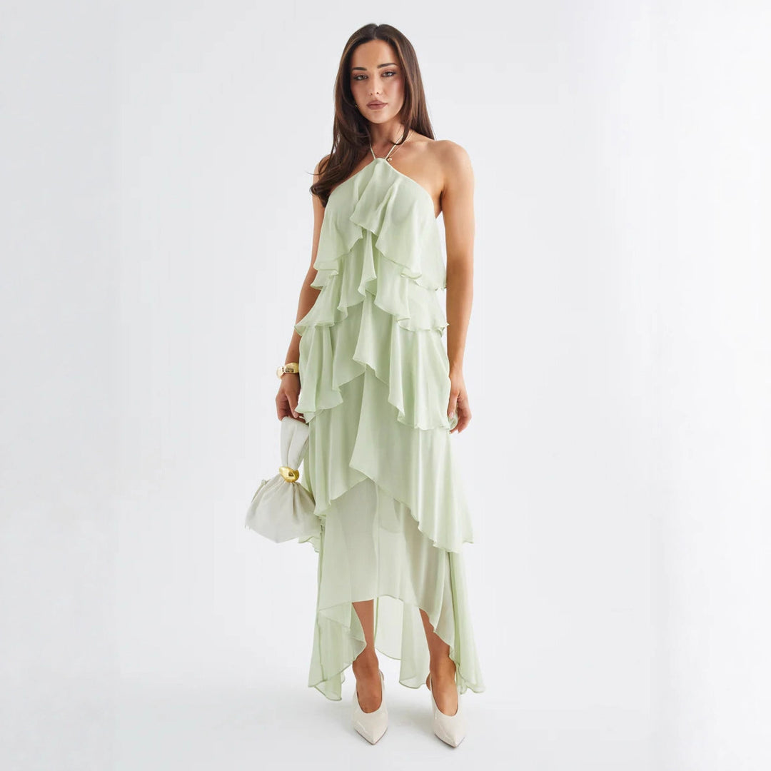 Kvindelige chiffon maxi kjoler med flerlags flæser Skovae