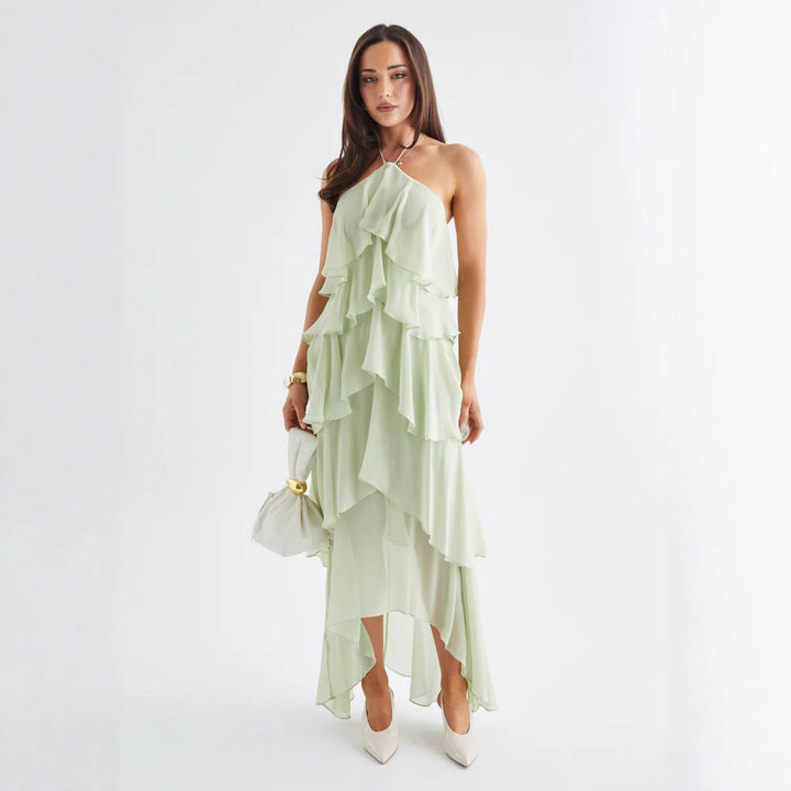 Kvindelige chiffon maxi kjoler med flerlags flæser Skovae