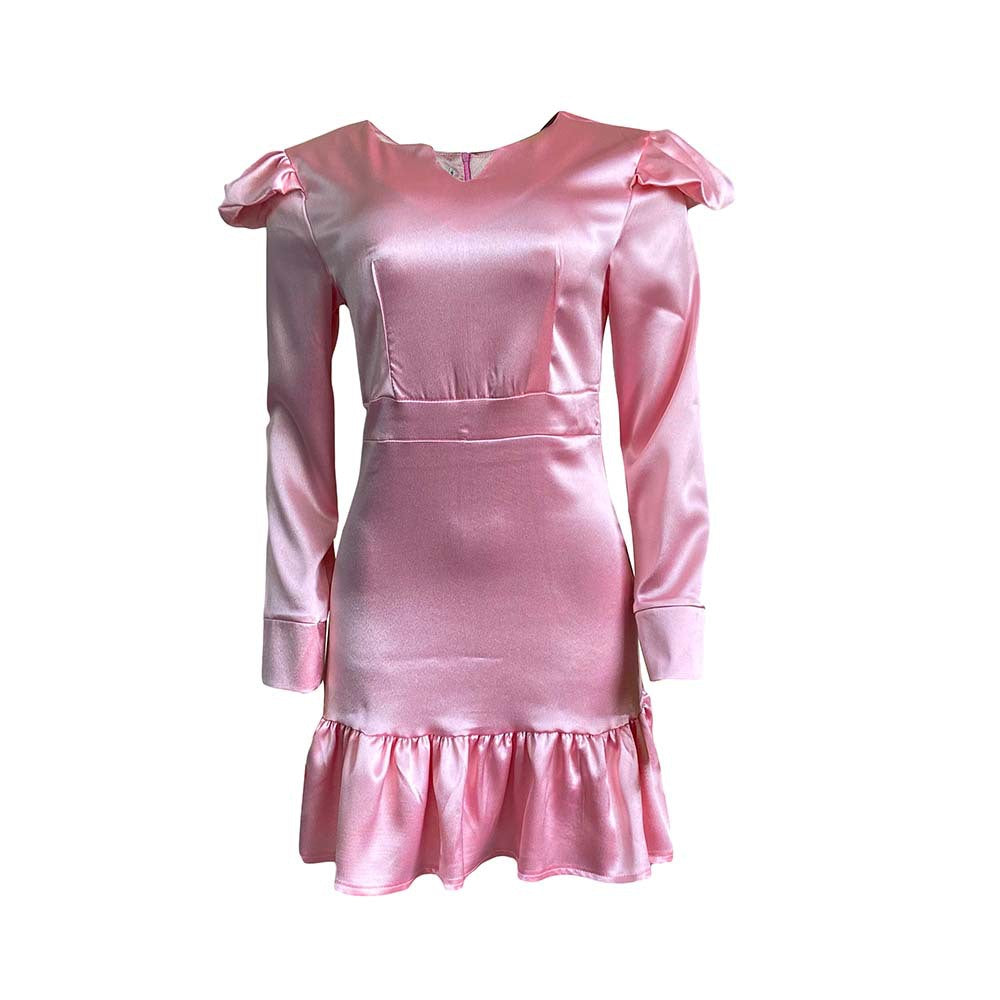 Dame Elegant Satin Kjole med Puffærmer og Flæsekant Stilla