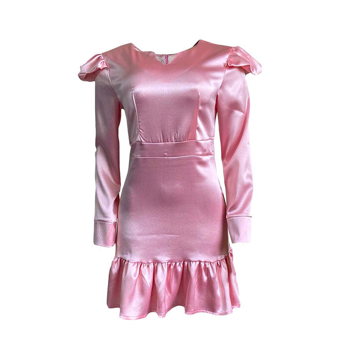 Dame Elegant Satin Kjole med Puffærmer og Flæsekant Stilla
