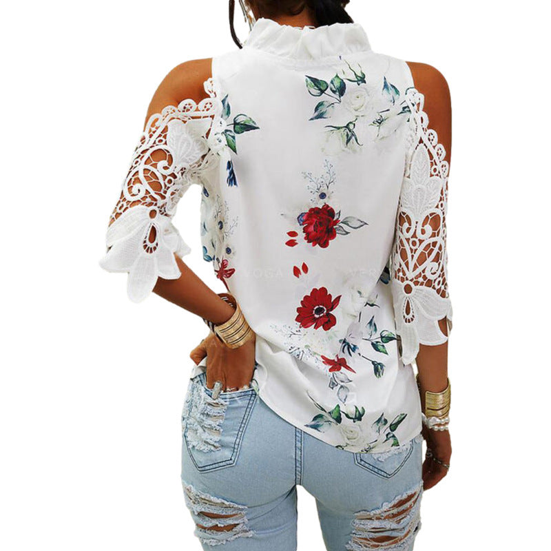 Dame Elegant Bluse med blomster mønstre og spids detaljer Stilla