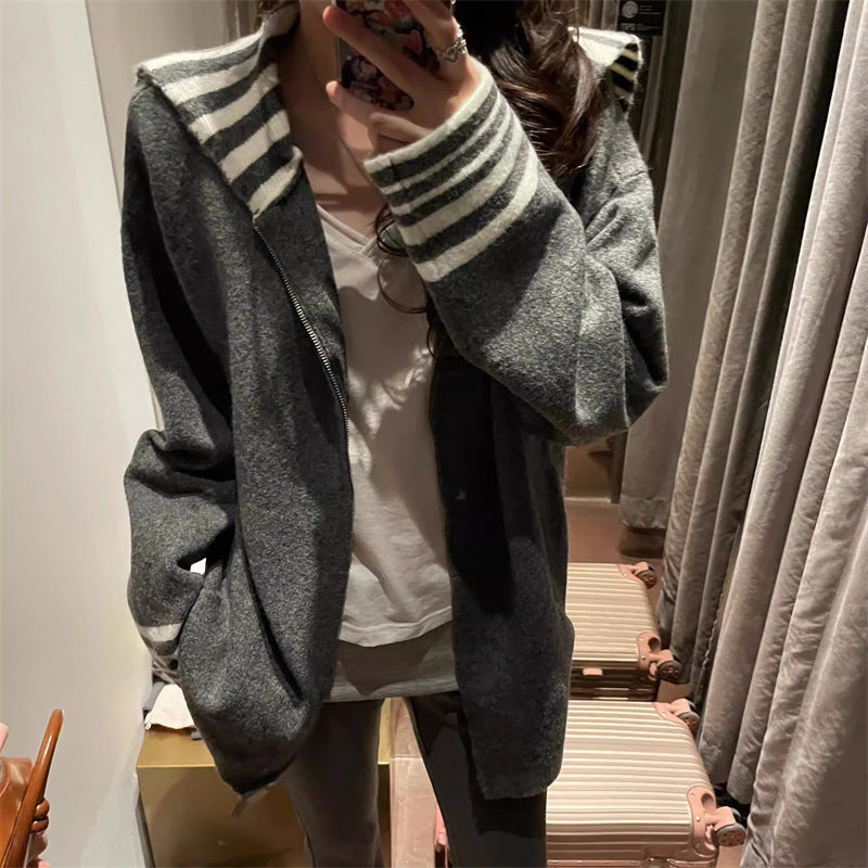 Dame mode afslappet cardigan med stribede ærmemanchetter Stilla