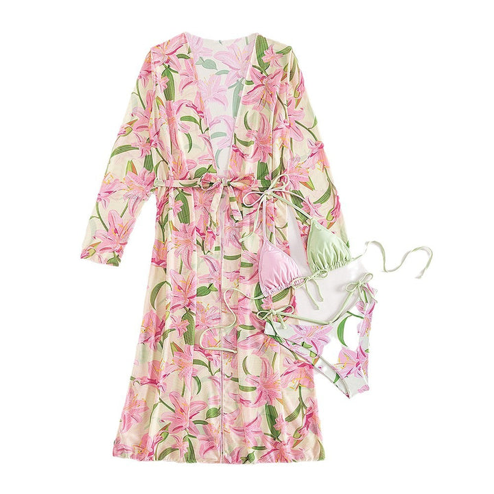 Dame Strandkimono med blomster mønster og sidelæg Stilla