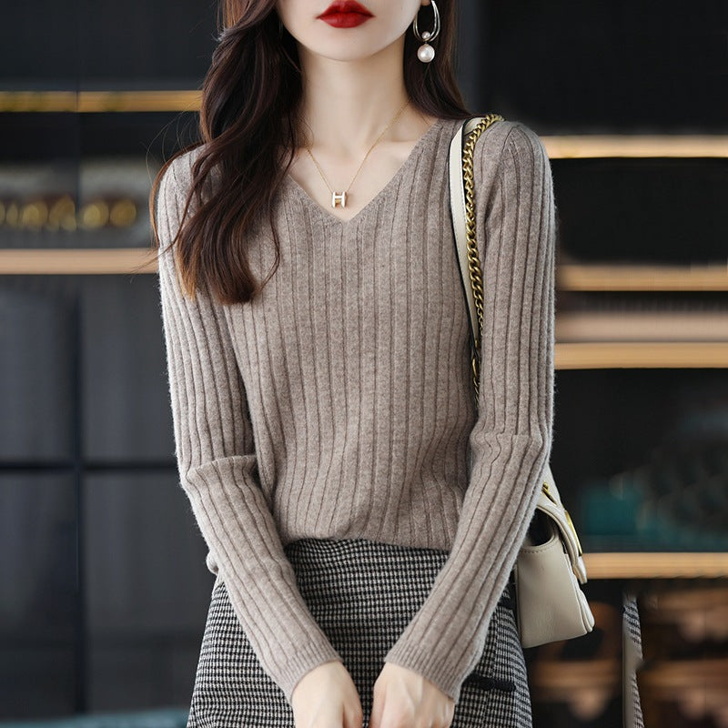 Femme Ribbet V-Udskæring Pullover Sweater Stilla