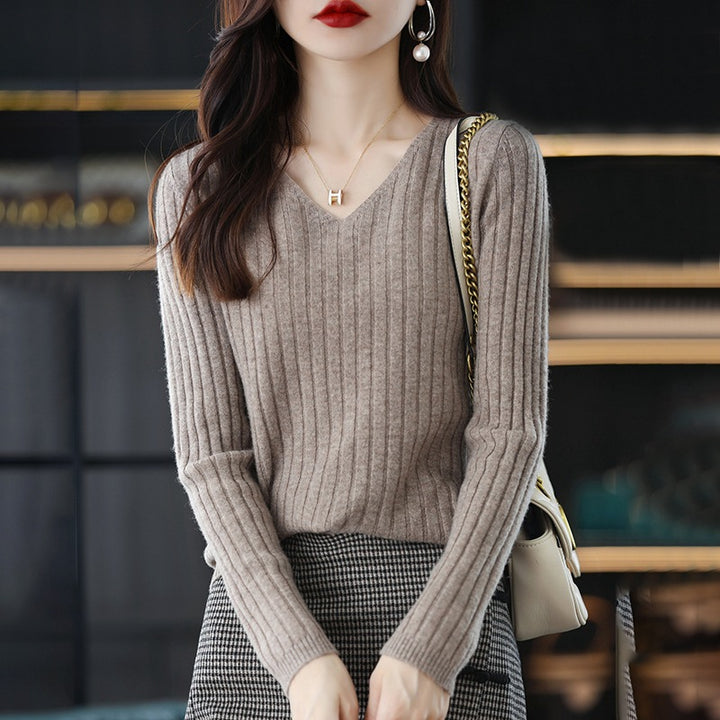 Femme Ribbet V-Udskæring Pullover Sweater Stilla