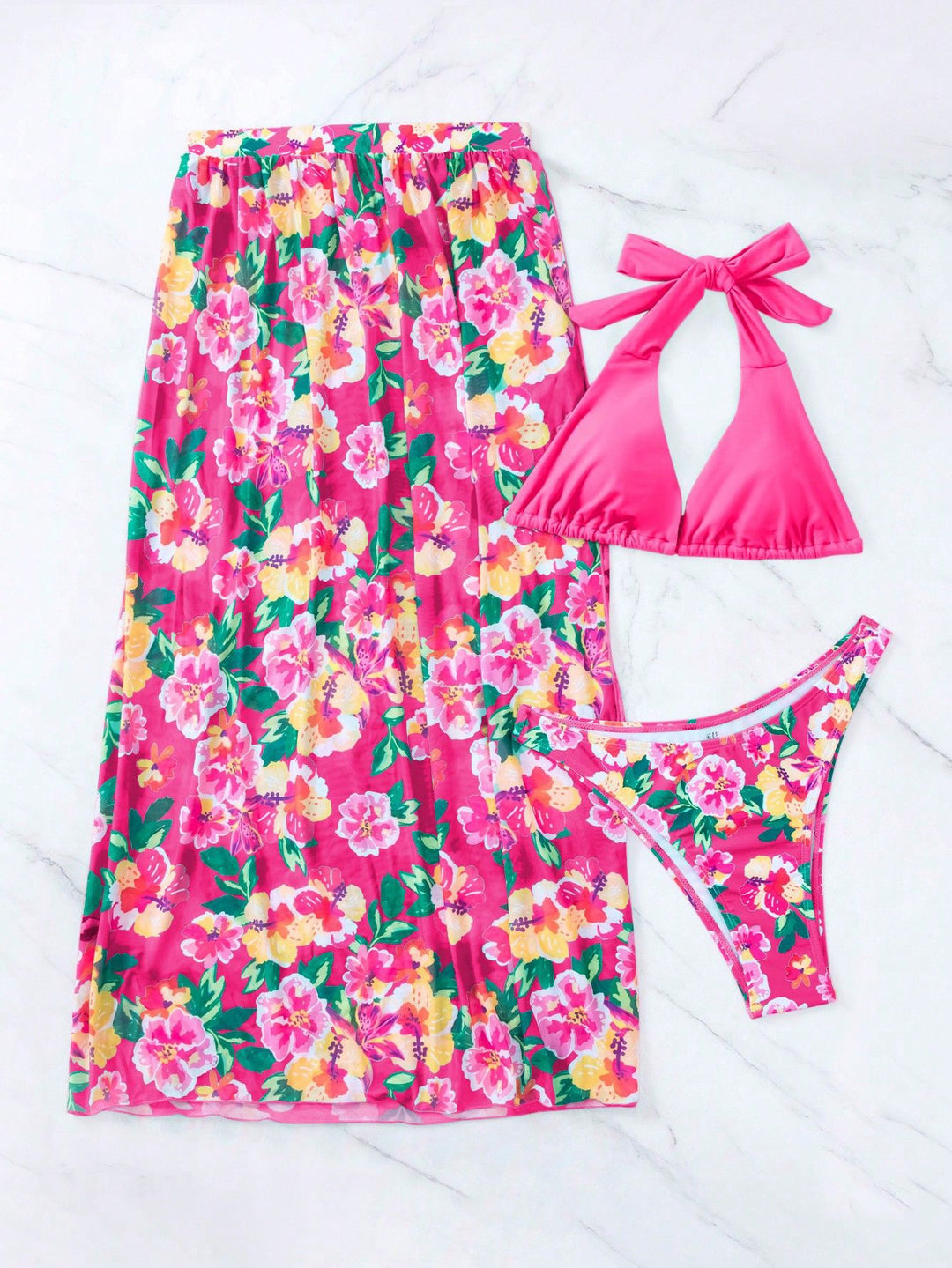 Dame bikini sæt med blomsterdesign og moderne gennemsigtig indpakningsnederdel Stilla