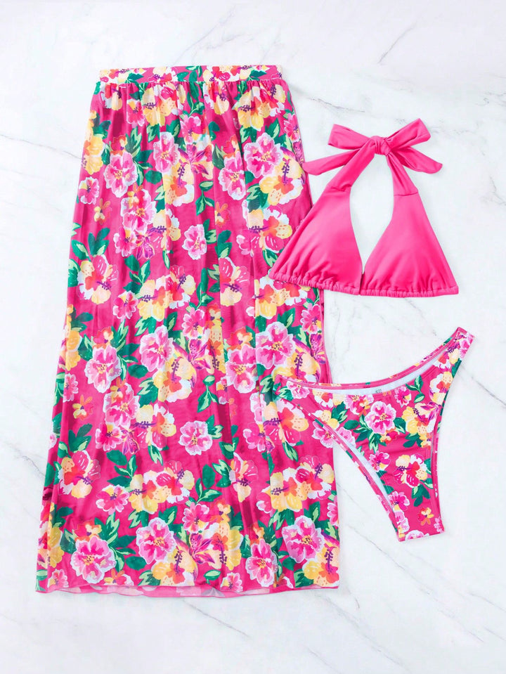 Dame bikini sæt med blomsterdesign og moderne gennemsigtig indpakningsnederdel Stilla