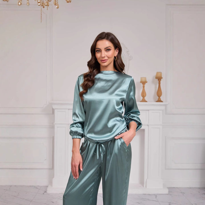 Dame Elegant Satin-Loungewear-Sæt med løs pasform Stilla