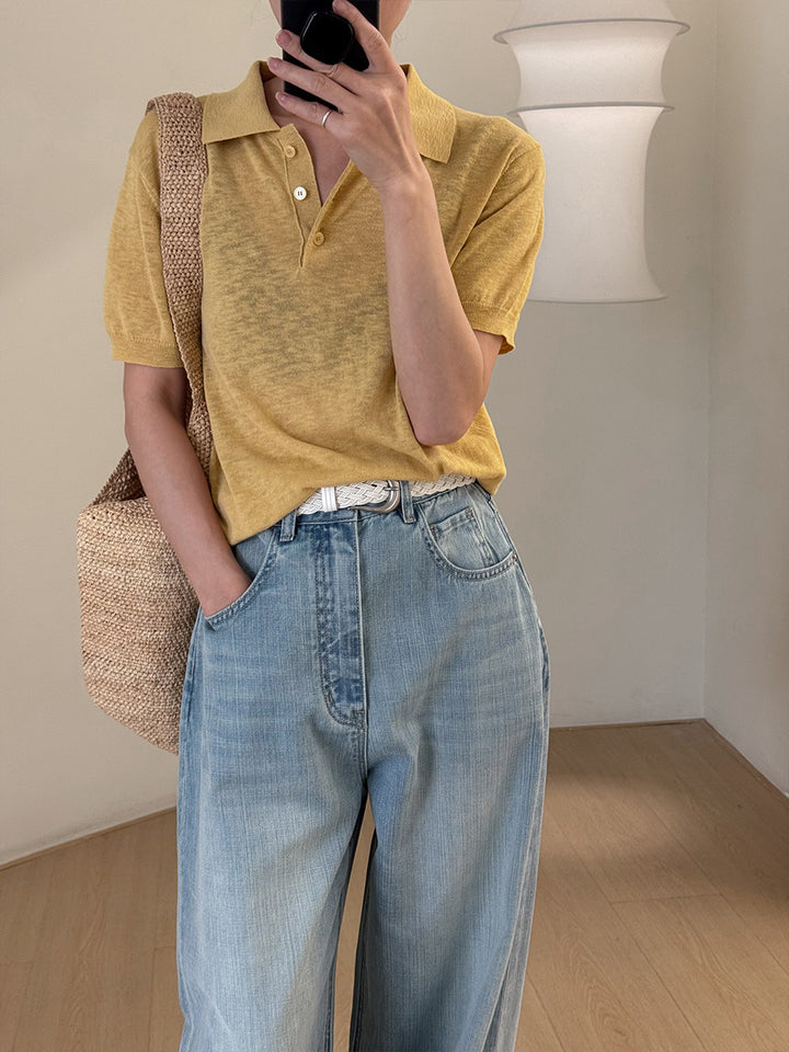 Dame poloshirt med fin struktur og elegant knaplukning Stilla