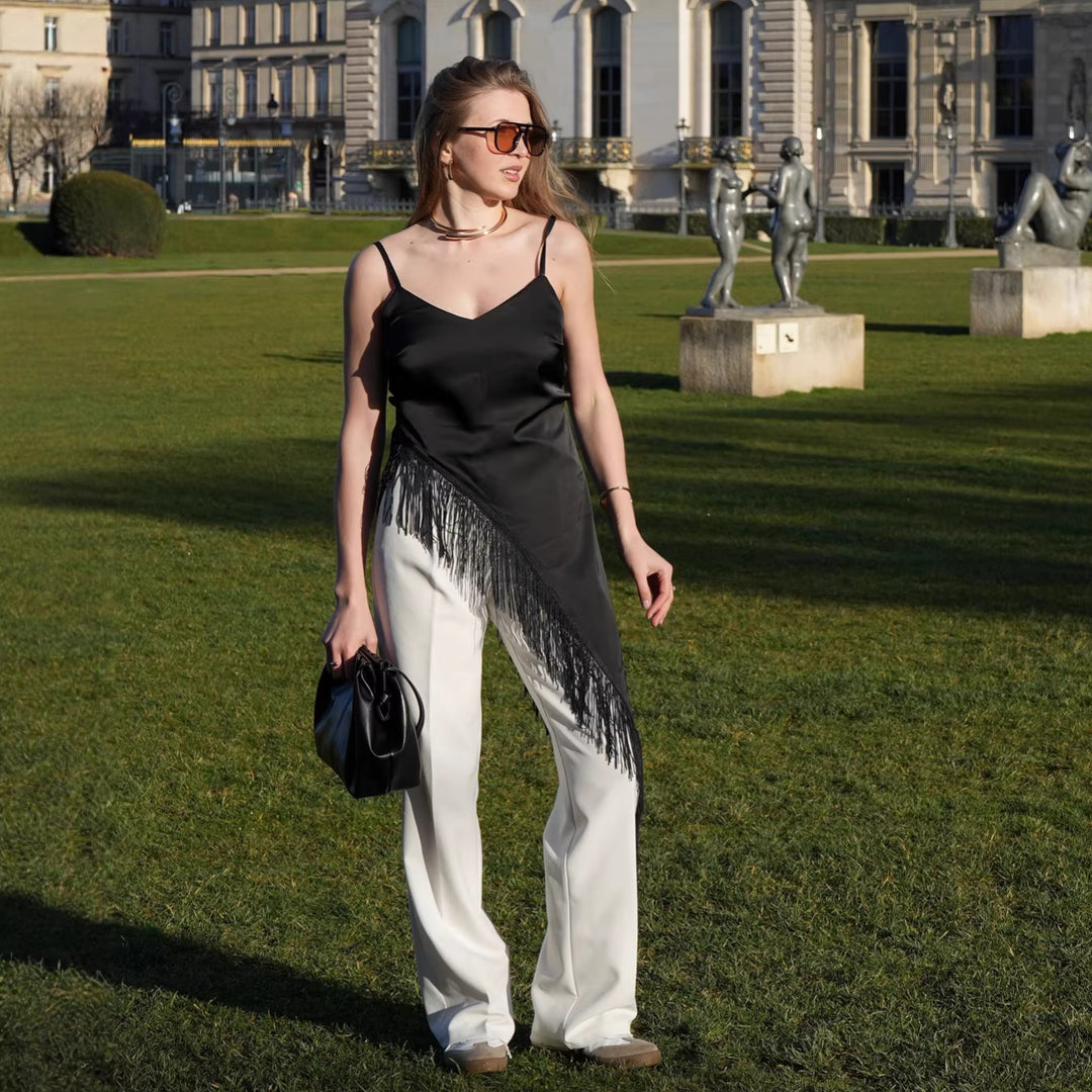 Dame Trendy Frynsebluse med asymmetrisk snit Skovae