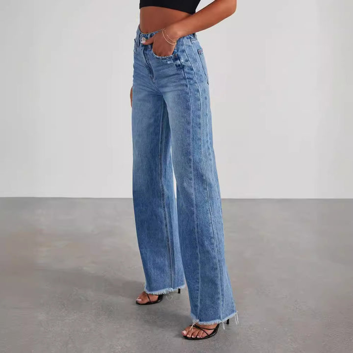 Dame Bredskårne jeans med frynset kant i vintage-stil Stilla
