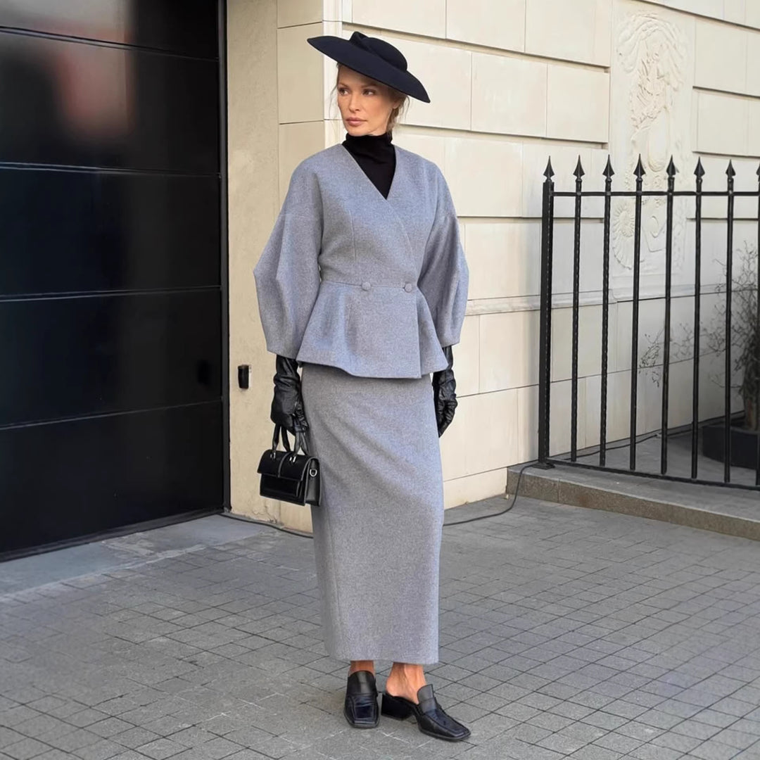 Dame Elegant Blyantkjole med Chic Blazer Top og Puffærmer Skovae